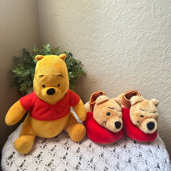 Disney Other - Disney Winnie the Pooh Plush 8.5in and Vintage Slippers Sz 7-8 - Red and Yellow